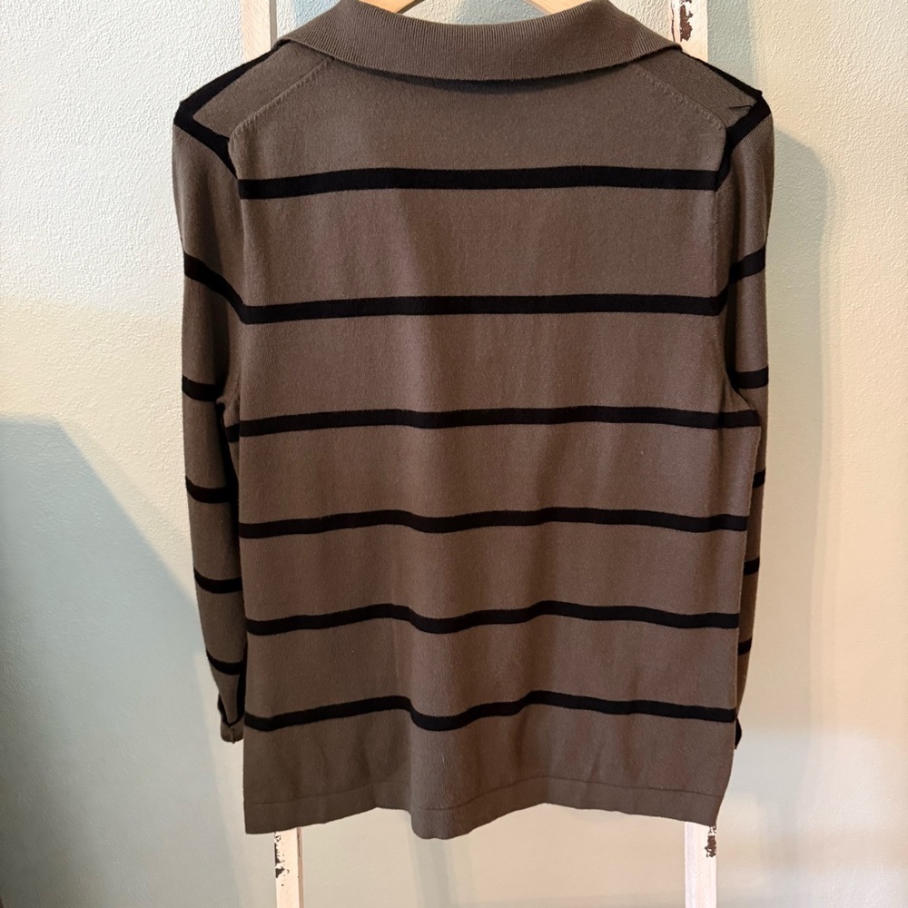 Bobeau Olive Green Striped Knit Polo V Neck Crop Sweater Size XL - Picture 5 of 8